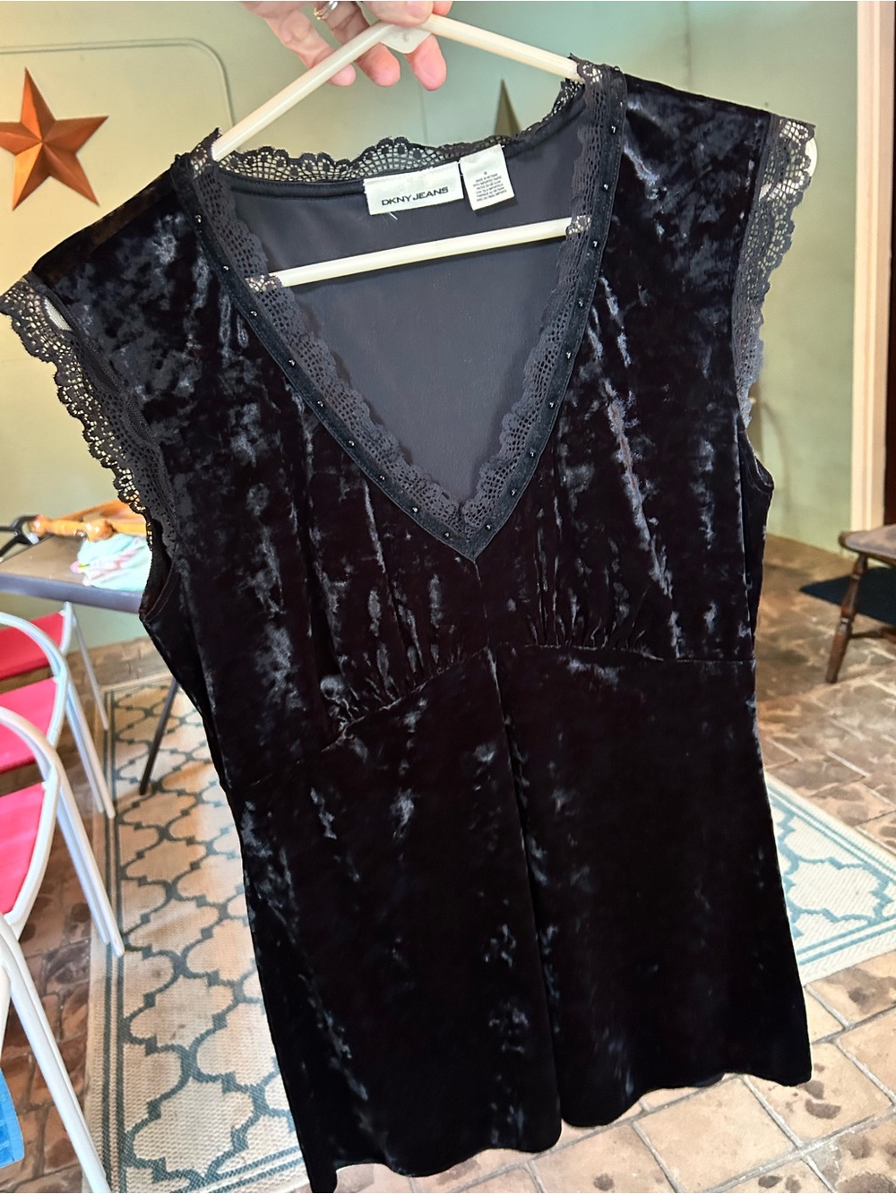 DKNY Black Velvet Lace-Trim V-Neck Top